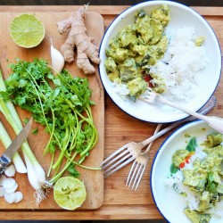 Curry d'aubergine, courgette et Tempeh